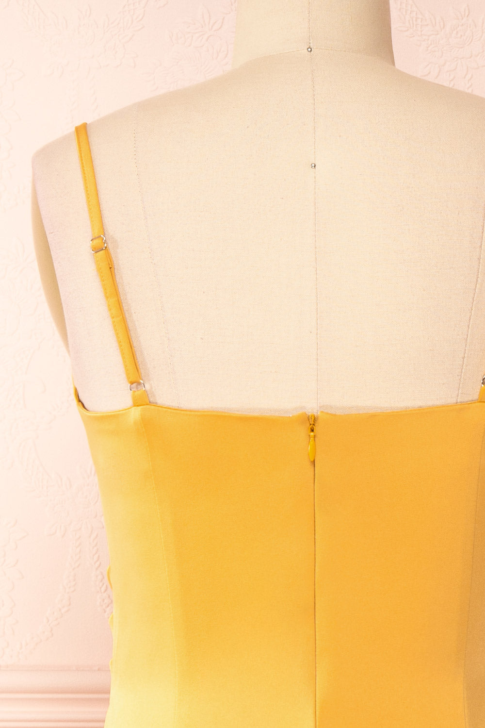 Chloe Yellow Cowl Neck Satin Midi Slip Dress | Boutique 1861 back close-up