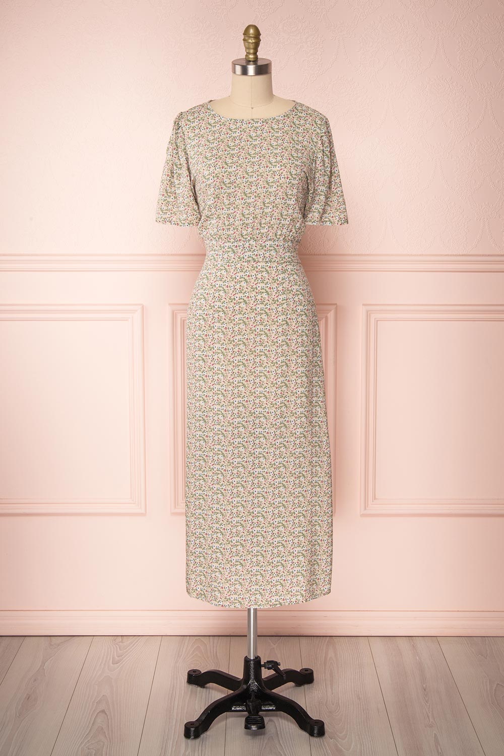 Choshi Beige Floral Midi A-Line Dress | Boutique 1861