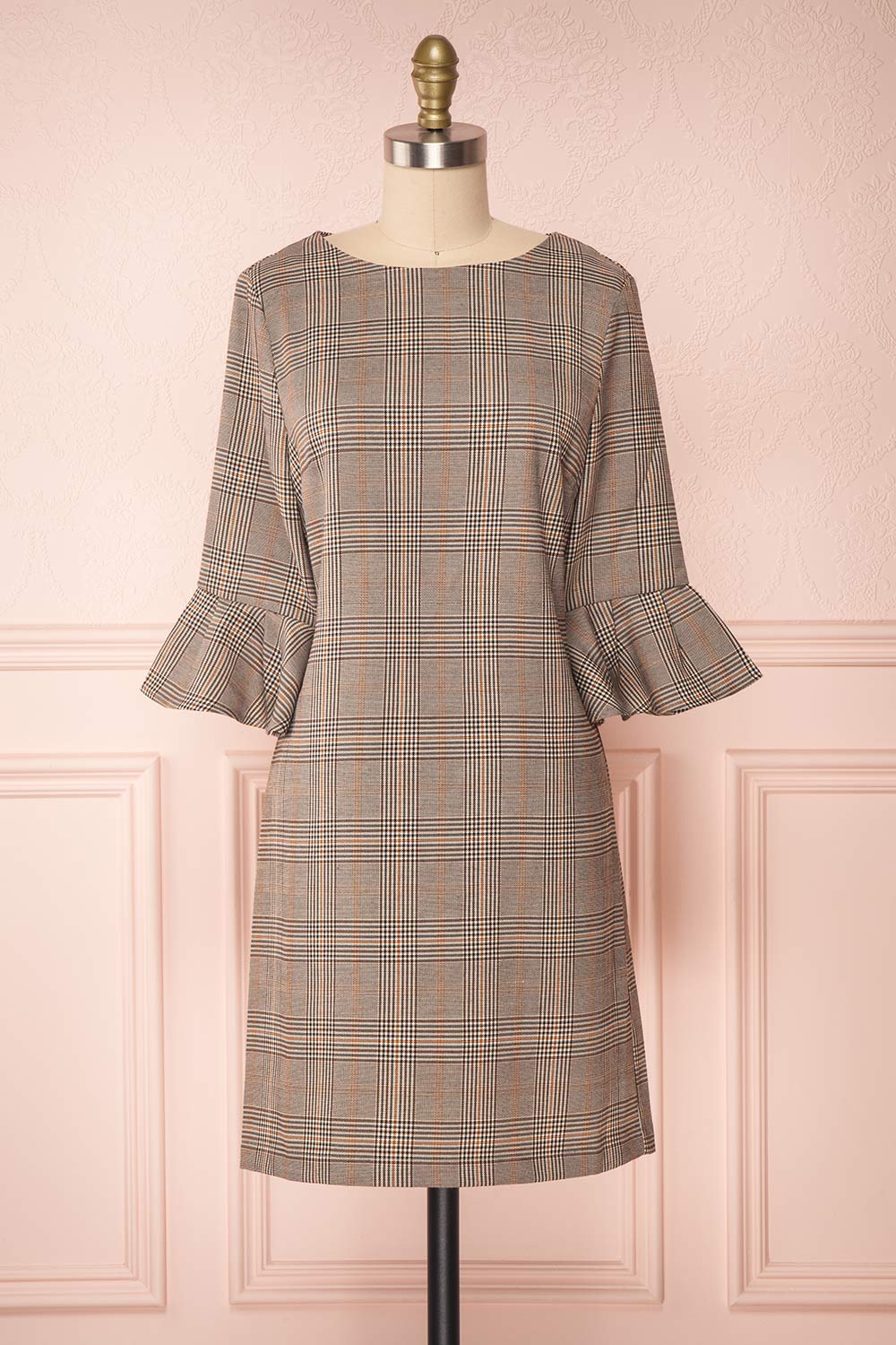 Christelle Grey Plaid Tunic Dress with Bell Sleeves | Boutique 1861  front view 