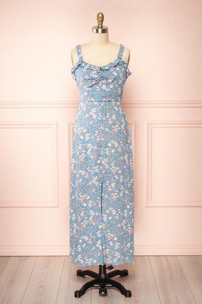 Chrona Blue Floral Midi Dress w/ Large Straps | Boutique 1861 front view