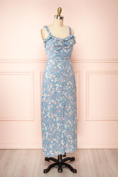 Chrona Blue Floral Midi Dress w/ Large Straps | Boutique 1861  side view