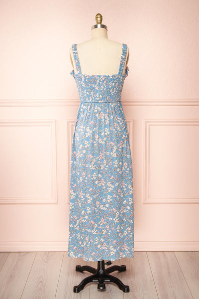 Chrona Blue Floral Midi Dress w/ Large Straps | Boutique 1861  back view