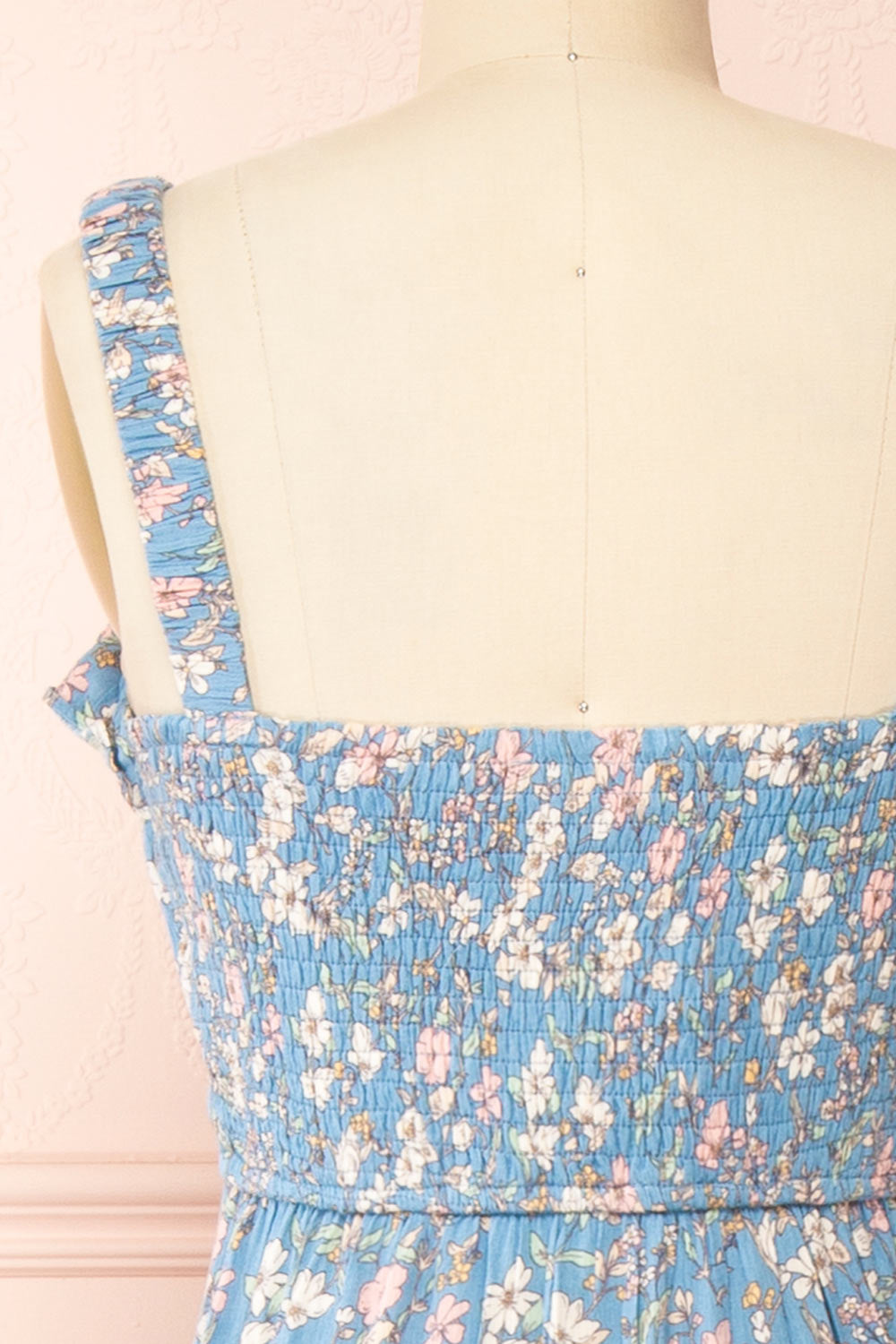 Chrona Blue Floral Midi Dress w/ Large Straps | Boutique 1861  back close-up