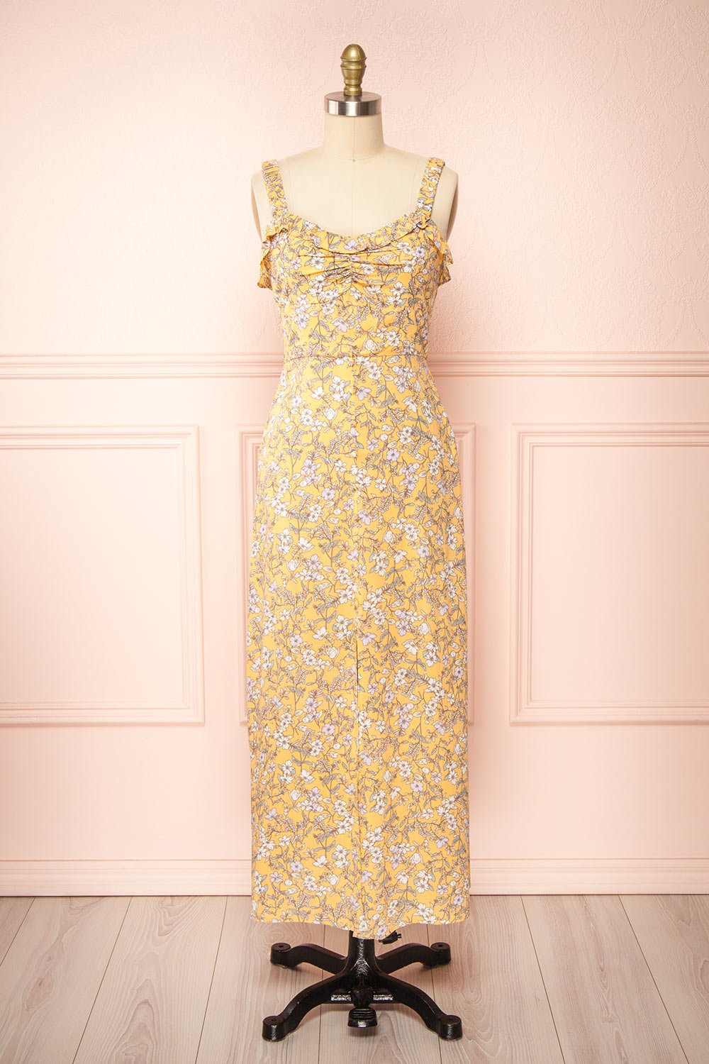 Chrona Yellow Floral Midi Dress w/ Large Straps | Boutique 1861 front view