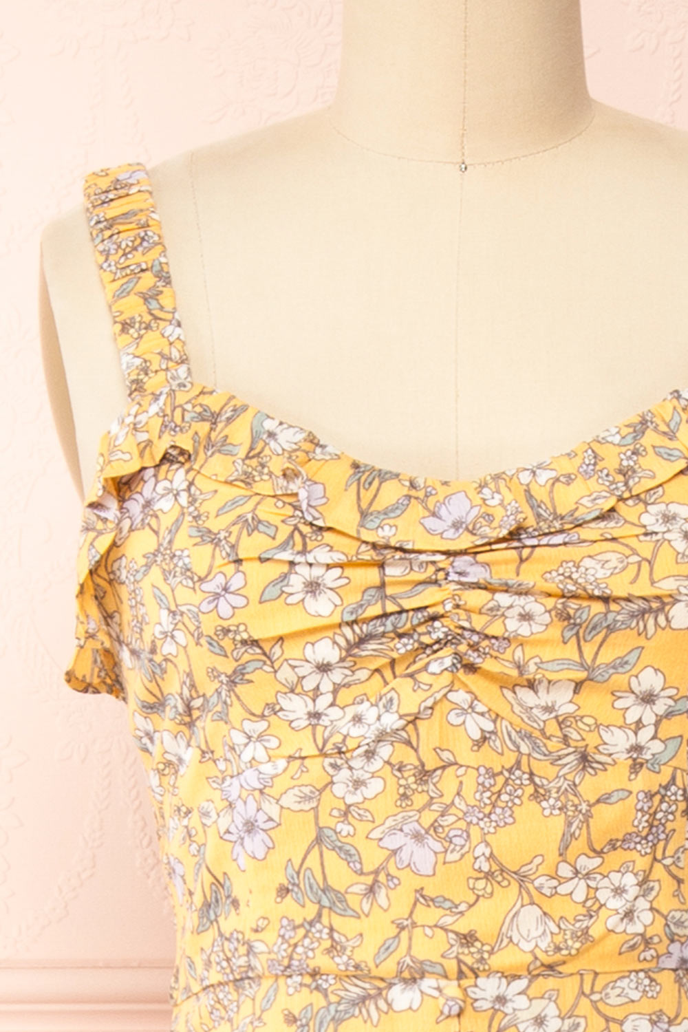 Chrona Yellow Floral Midi Dress w/ Large Straps | Boutique 1861 front close-up