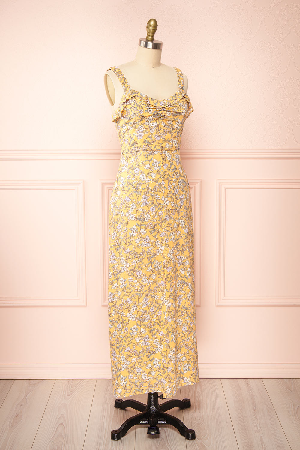Chrona Yellow Floral Midi Dress w/ Large Straps | Boutique 1861 side view
