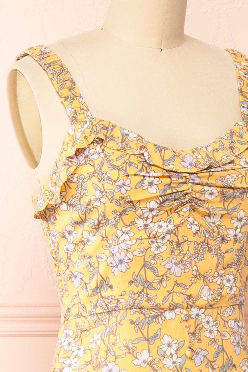 Chrona Yellow Floral Midi Dress w/ Large Straps | Boutique 1861 side close-up