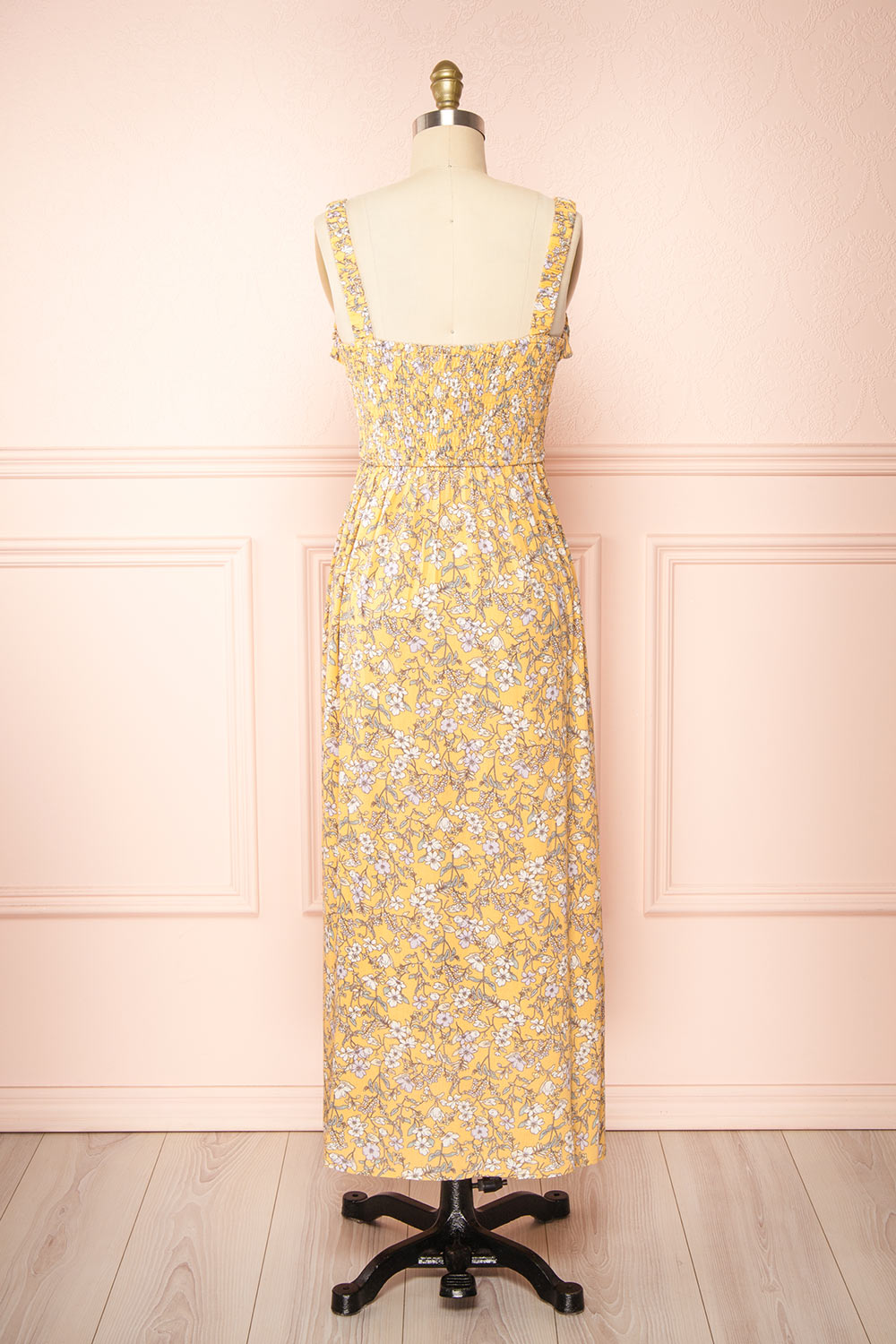 Chrona Yellow Floral Midi Dress w/ Large Straps | Boutique 1861 back view