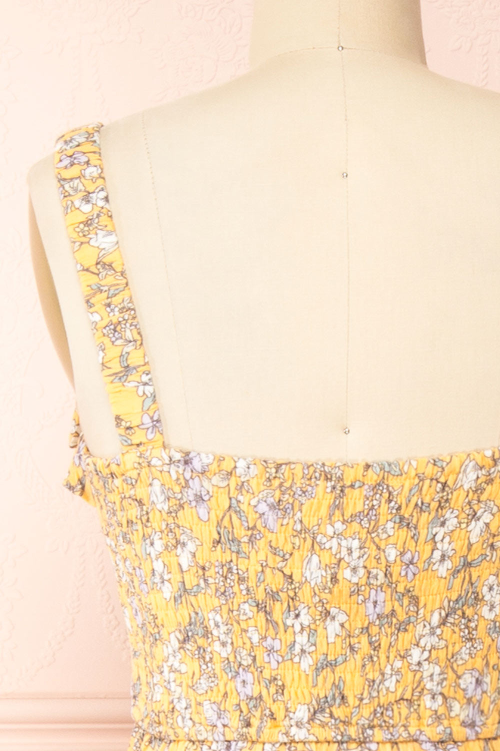 Chrona Yellow Floral Midi Dress w/ Large Straps | Boutique 1861 back close-up