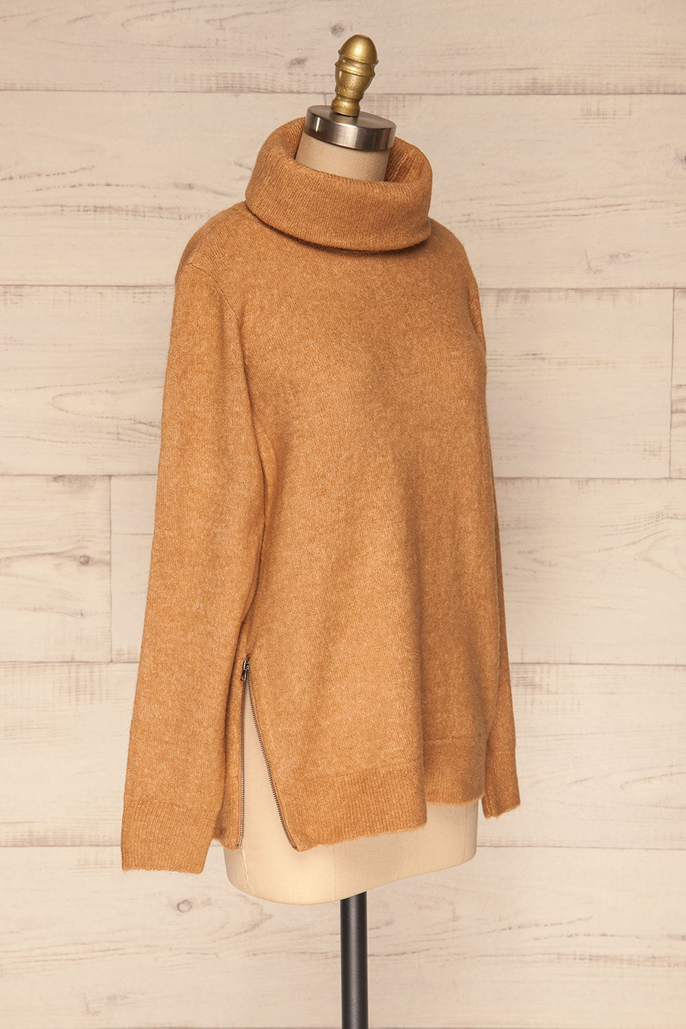 Citadella Camel Turtleneck Knit Sweater side view zipper down | La Petite Garçonne