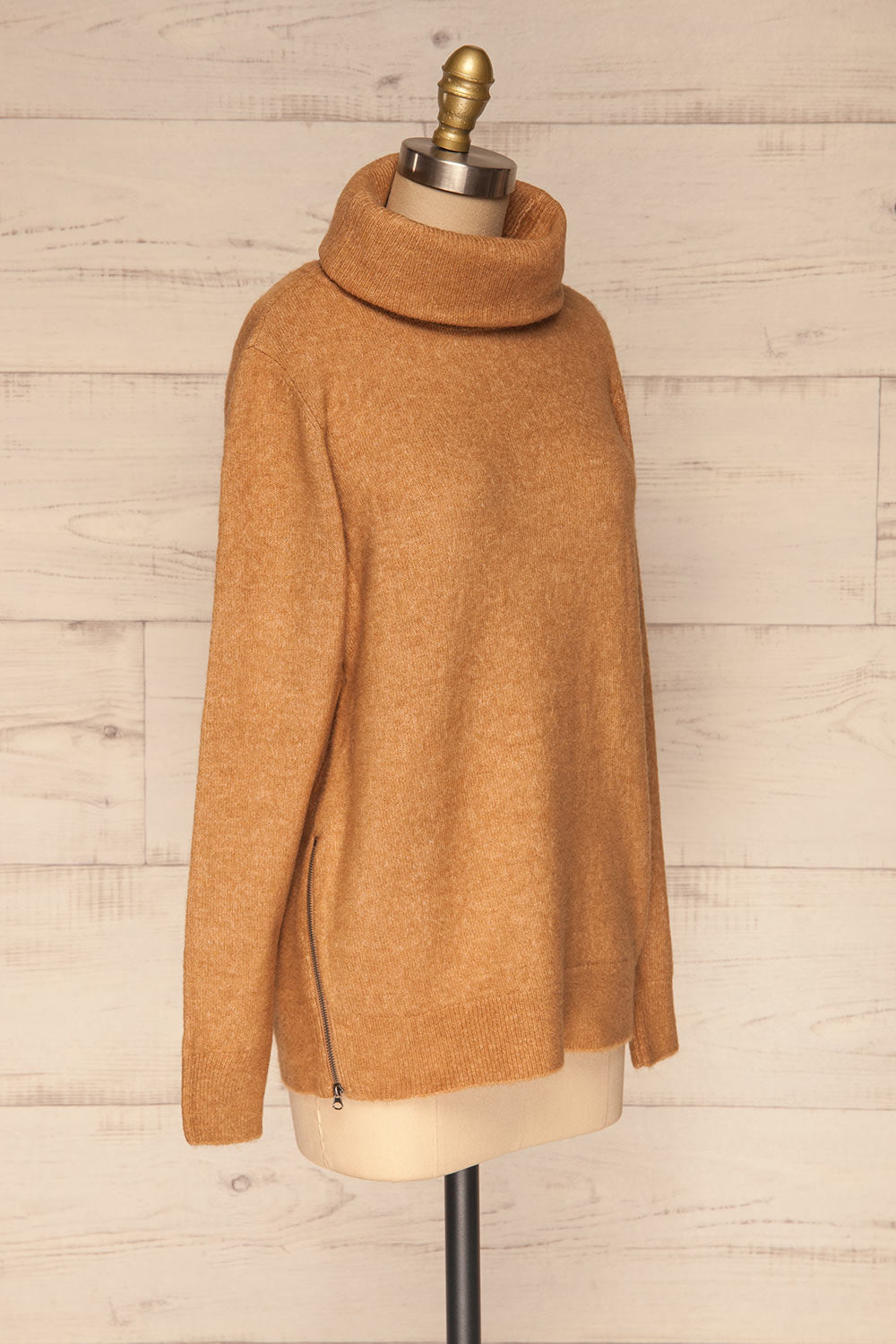 Citadella Camel Turtleneck Knit Sweater side view zipper up | La Petite Garçonne