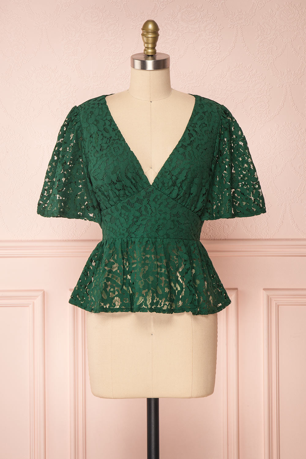 Claatje Green Lace Peplum Top with Plunging Neckline | Boutique 1861 front view 