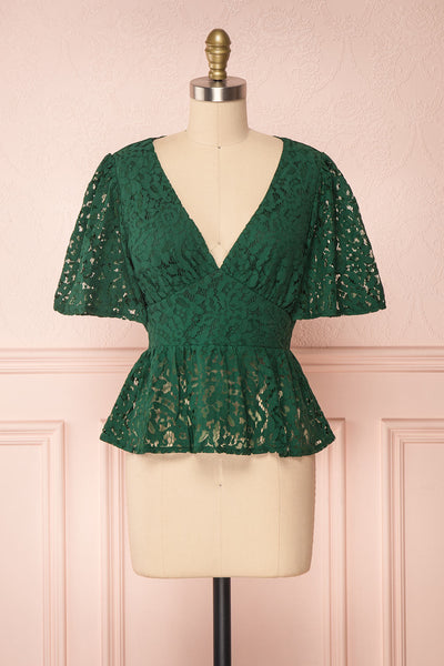 Claatje Green Lace Peplum Top with Plunging Neckline | Boutique 1861 front view