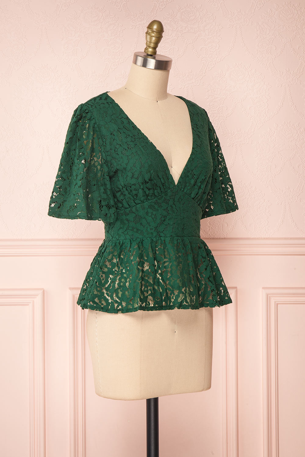 Claatje Green Lace Peplum Top with Plunging Neckline | Boutique 1861 side view 