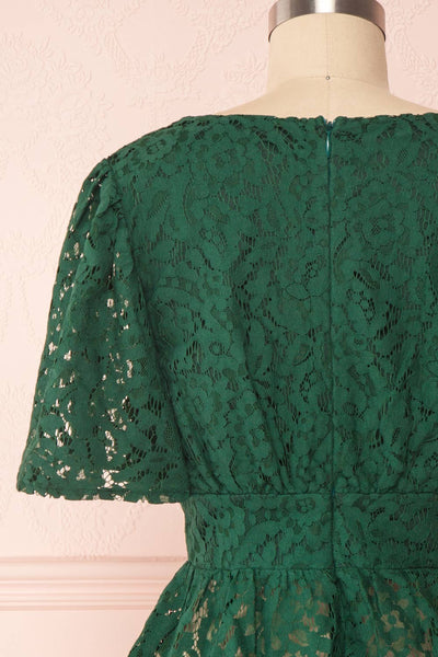 Claatje Green Lace Peplum Top with Plunging Neckline | Boutique 1861 back close-up