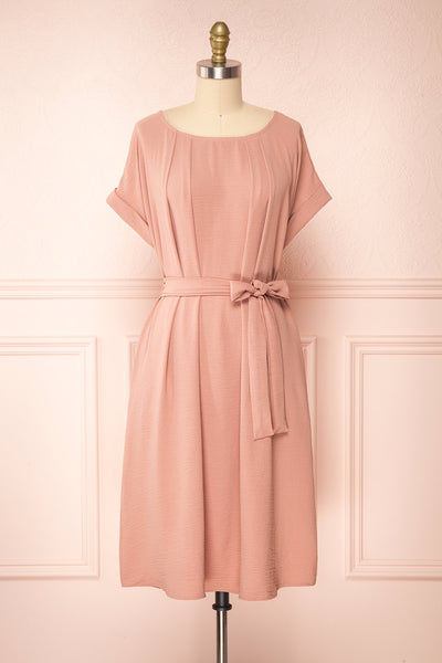 Claire Pink Short Sleeve Tie Waist Dress | Boutique 1861 front view