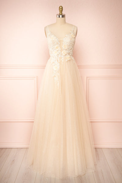 Clara Beige Maxi Tulle Dress with Lace Bodice | Boudoir 1861 front view