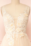 Clara Beige Maxi Tulle Dress with Lace Bodice | Boudoir 1861 front close-up