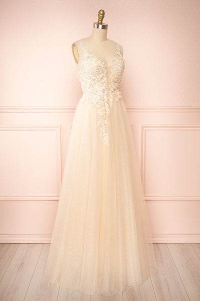 Clara Beige Maxi Tulle Dress with Lace Bodice | Boudoir 1861 side view