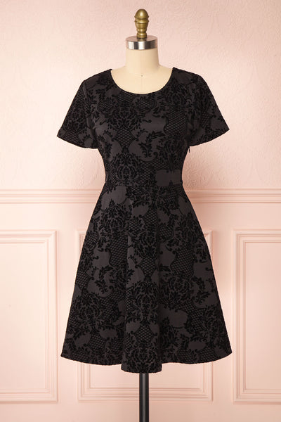 Clarinda Black Velvet Patterned Short Dress | Boutique 1861 front view