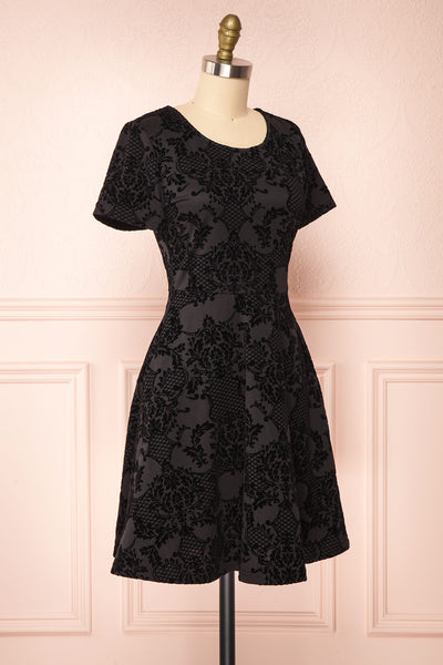 Clarinda Black Velvet Patterned Short Dress | Boutique 1861 side view