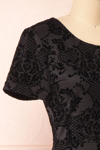 Clarinda Black Velvet Patterned Short Dress | Boutique 1861 side close-up