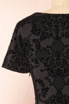 Clarinda Black Velvet Patterned Short Dress | Boutique 1861 back close-up