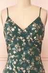 Clary Green Floral Midi Dress w/ Fabric Belt | Boutique 1861 front close-up
