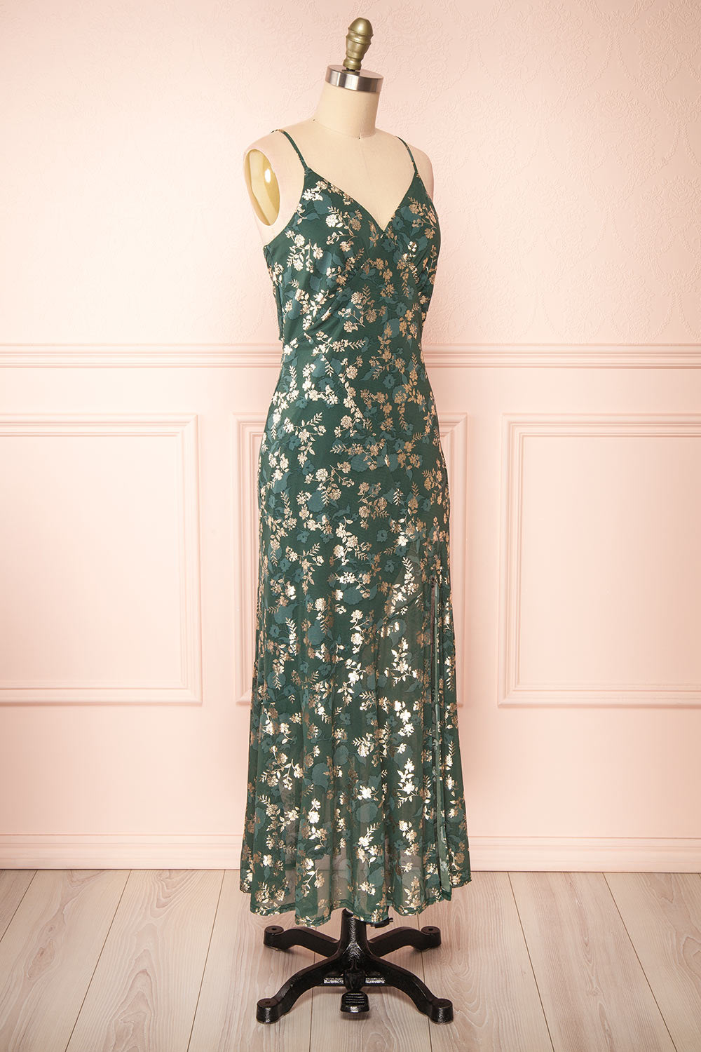 Clary Green Floral Midi Dress w/ Fabric Belt | Boutique 1861 side view 