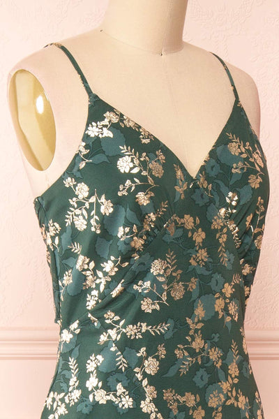 Clary Green Floral Midi Dress w/ Fabric Belt | Boutique 1861 side close-up