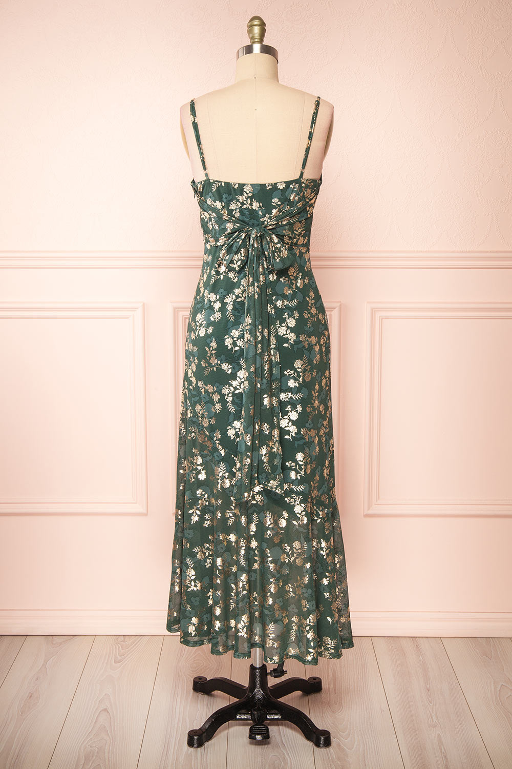 Clary Green Floral Midi Dress w/ Fabric Belt | Boutique 1861 back view 