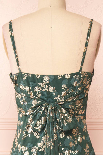 Clary Green Floral Midi Dress w/ Fabric Belt | Boutique 1861 back close-up