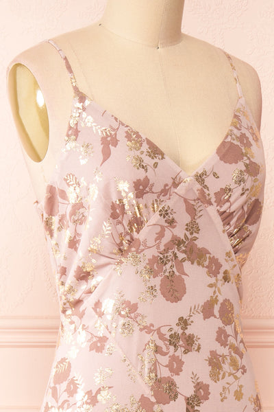 Clary Mauve Floral Midi Dress w/ Fabric Belt | Boutique 1861 side close-up