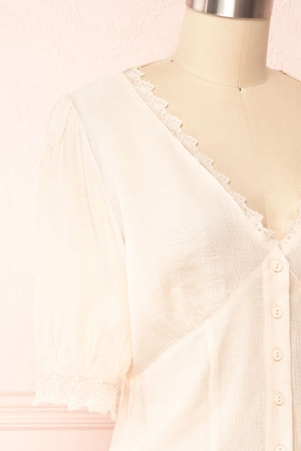 Clavis Beige Button-Up Lace Crop Top | Boutique 1861 side close up