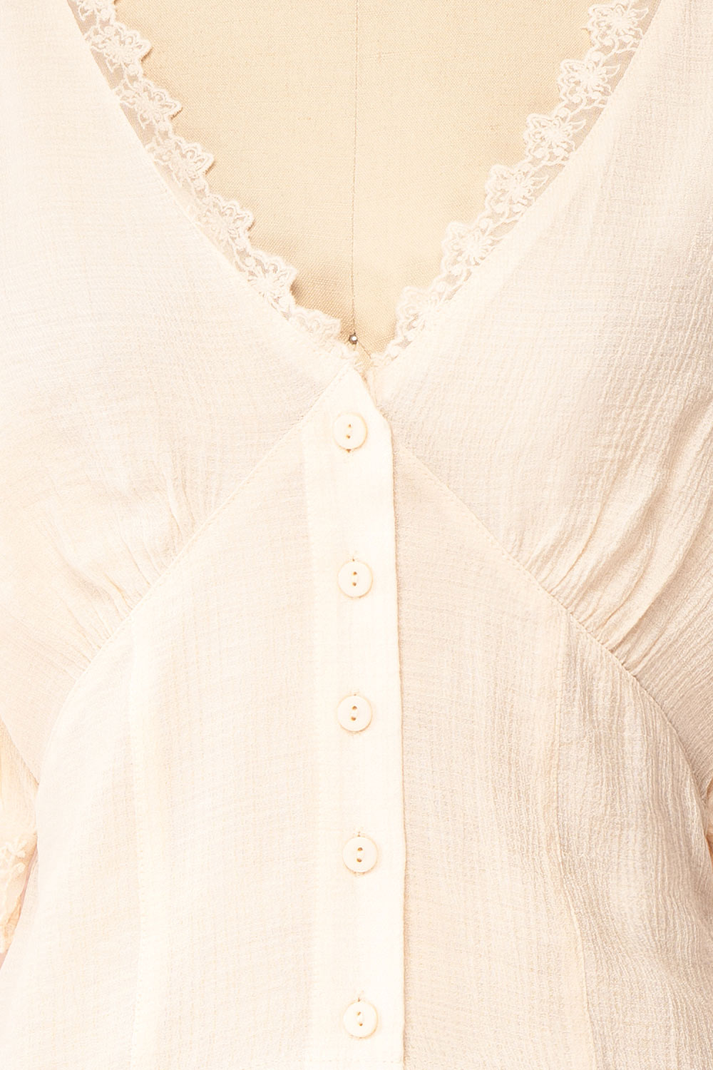 Clavis Beige Button-Up Lace Crop Top | Boutique 1861 front close up fabric