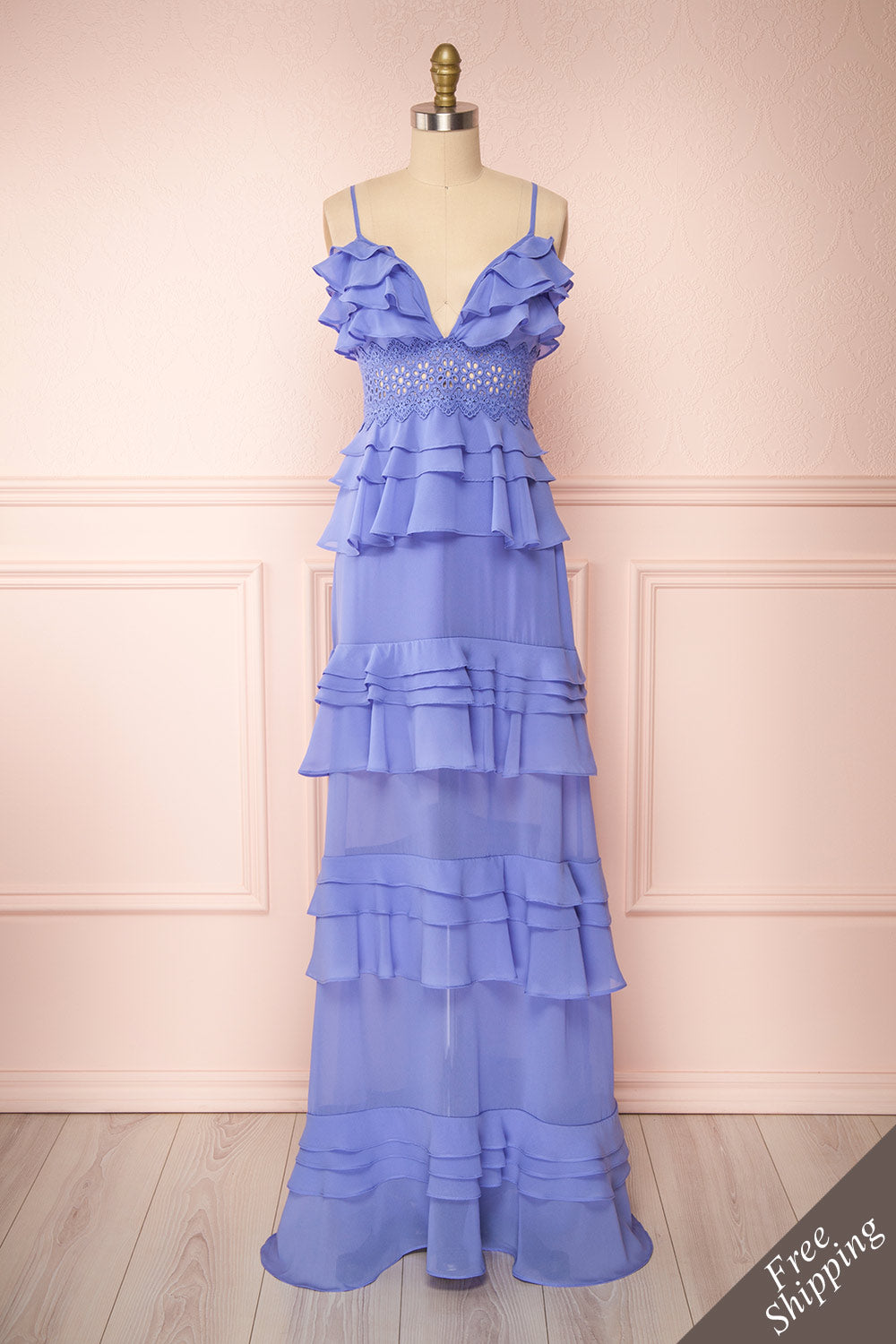 Clematite Lilac Layered Ruffles Maxi Dress | Boutique 1861 front view 