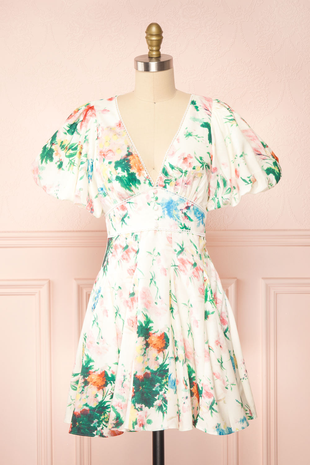 Clementine Short Floral Dress w/ Puffy Sleeves | Boutique 1861 front view