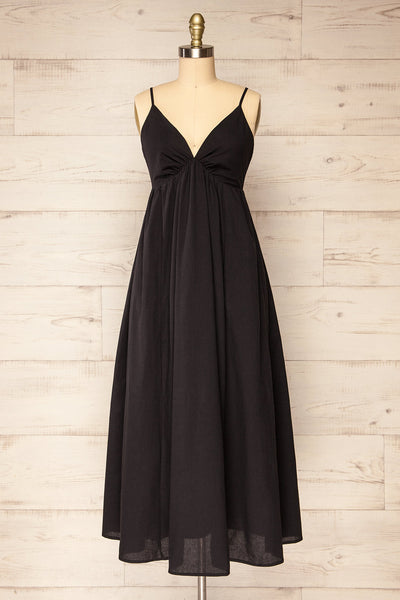 Cloppen Black V-Neck Midi Dress | La petite garçonne front view