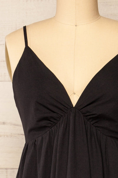 Cloppen Black V-Neck Midi Dress | La petite garçonne front close-up