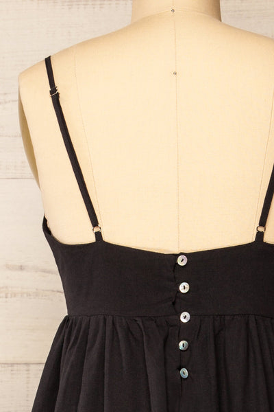 Cloppen Black V-Neck Midi Dress | La petite garçonne back close-up