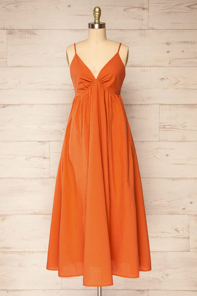 Cloppen Orange V-Neck Midi Dress | La petite garçonne front view