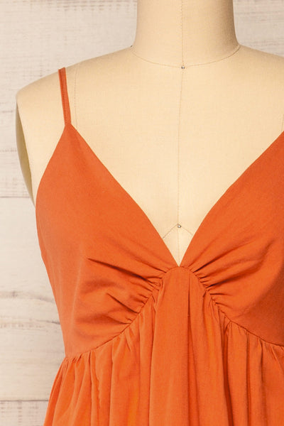 Cloppen Orange V-Neck Midi Dress | La petite garçonne front close-up