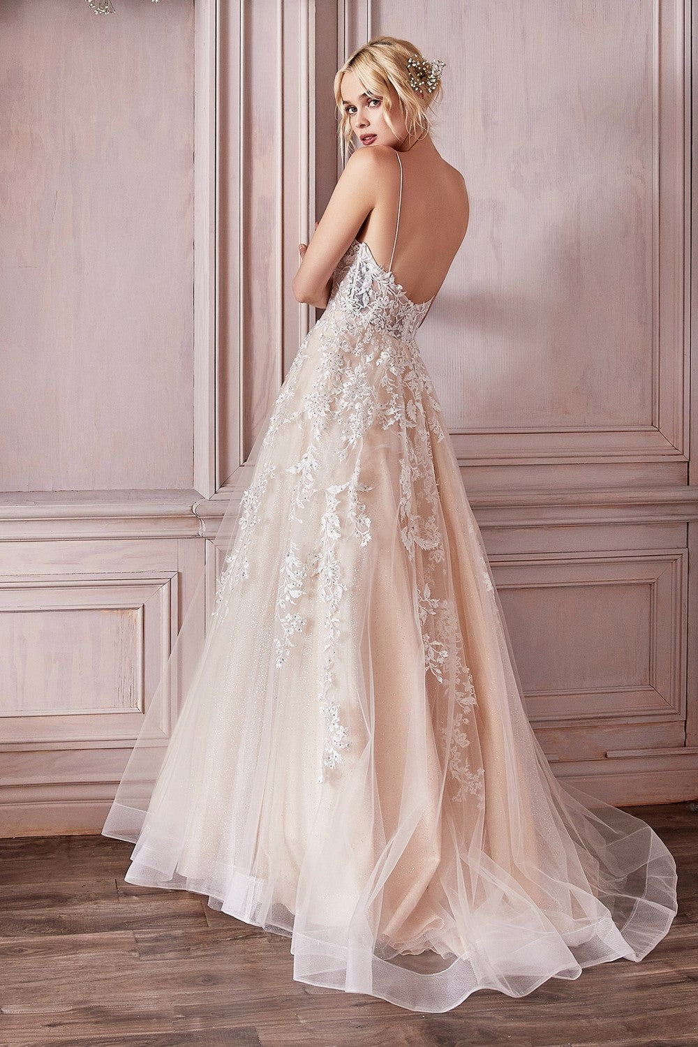 Aicha Beige Embroidered Bridal Gown w/ Sequins | Boudoir 1861 back on model