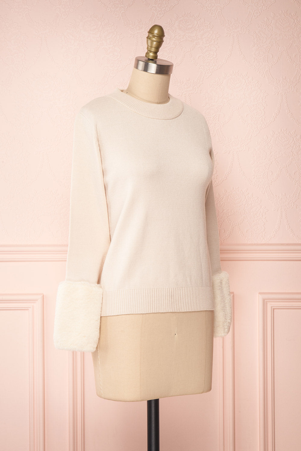 Coblence Beige Knit Sweater w. Faux Fur Sleeves | Boutique 1861 side view 