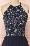 Cocytia Navy Blue Sequin Dress | Robe de Fête close up | Boutique 1861