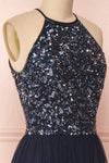 Cocytia Navy Blue Sequin Dress | Robe de Fête side close up | Boutique 1861