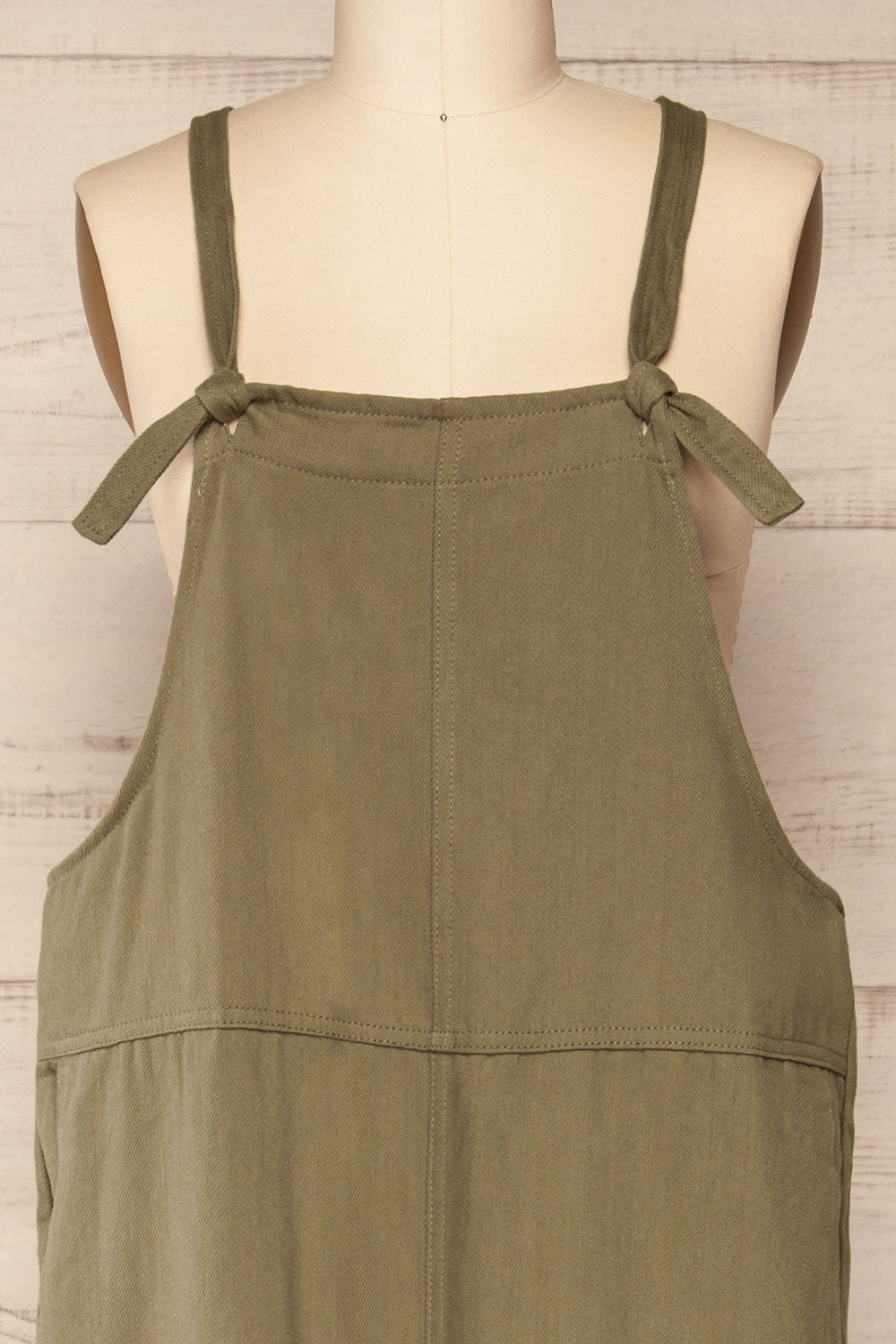 Coka Green Denim Knotted Straps Overalls | La petite garçonne front close up