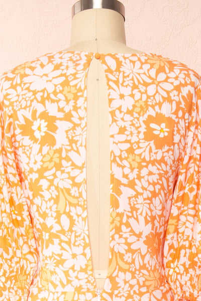 Colbie Short Chiffon Floral Dress w/ 3/4 Sleeves | Boutique 1861 back close up