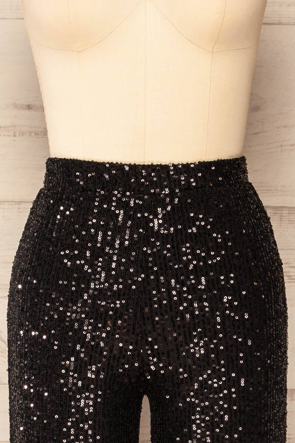 Coloma Black Wide-Leg Sequin Pants | La petite garçonne  front close-up