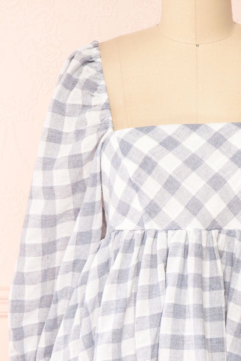 Conie Blue | Puffed Sleeves Short Checkered Dress front close-up